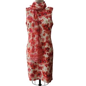 Talbots Red and Cream Poppies Sheath Dress with Scarf - Size 12